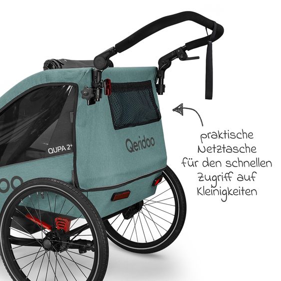 Qeridoo Child bike trailer & buggy Qupa 2 Plus for 2 children (up to 60 kg) with hitch, leaf spring suspension system, 3in1 canopy - Mineral Blue