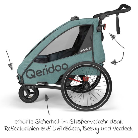 Qeridoo Child bike trailer & buggy Qupa 2 Plus for 2 children (up to 60 kg) with hitch, leaf spring suspension system, 3in1 canopy - Mineral Blue