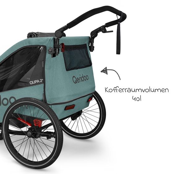 Qeridoo Child bike trailer & buggy Qupa 2 Plus for 2 children (up to 60 kg) with hitch, leaf spring suspension system, 3in1 canopy - Mineral Blue
