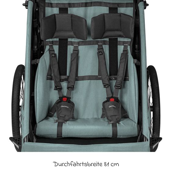 Qeridoo Child bike trailer & buggy Qupa 2 Plus for 2 children (up to 60 kg) with hitch, leaf spring suspension system, 3in1 canopy - Mineral Blue