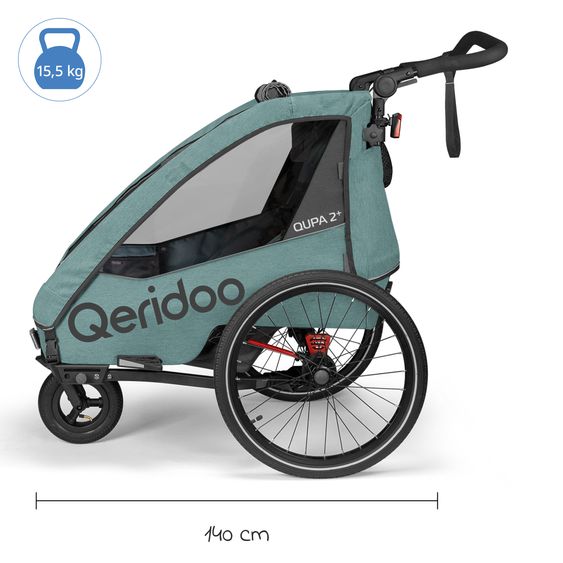 Qeridoo Child bike trailer & buggy Qupa 2 Plus for 2 children (up to 60 kg) with hitch, leaf spring suspension system, 3in1 canopy - Mineral Blue