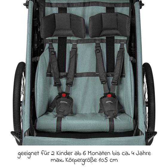Qeridoo Child bike trailer & buggy Qupa 2 Plus for 2 children (up to 60 kg) with hitch, leaf spring suspension system, 3in1 canopy - Mineral Blue