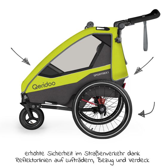 Qeridoo Kinderfahrradanhänger & Buggy Sportrex 1 Lt. Edition für 1 Kind mit Kupplung, Dämpfsystem (bis 50 kg) - Lime Green