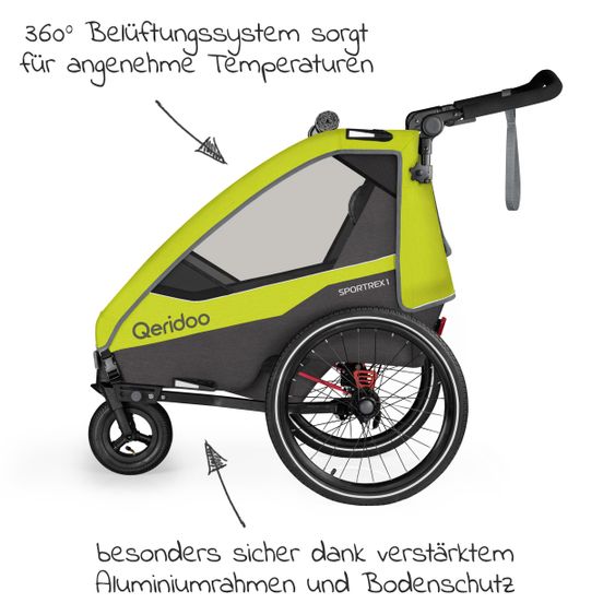 Qeridoo Kinderfahrradanhänger & Buggy Sportrex 1 Lt. Edition für 1 Kind mit Kupplung, Dämpfsystem (bis 50 kg) - Lime Green