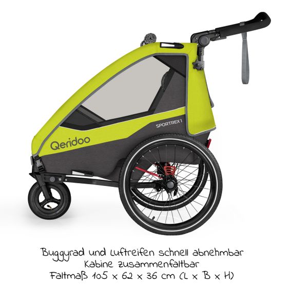 Qeridoo Kinderfahrradanhänger & Buggy Sportrex 1 Lt. Edition für 1 Kind mit Kupplung, Dämpfsystem (bis 50 kg) - Lime Green