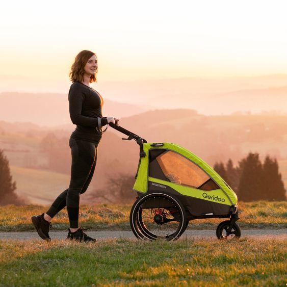 Qeridoo Kinderfahrradanhänger & Buggy Sportrex 1 Lt. Edition für 1 Kind mit Kupplung, Dämpfsystem (bis 50 kg) - Lime Green