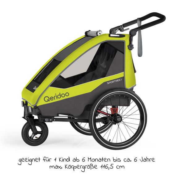 Qeridoo Kinderfahrradanhänger & Buggy Sportrex 1 Lt. Edition für 1 Kind mit Kupplung, Dämpfsystem (bis 50 kg) - Lime Green