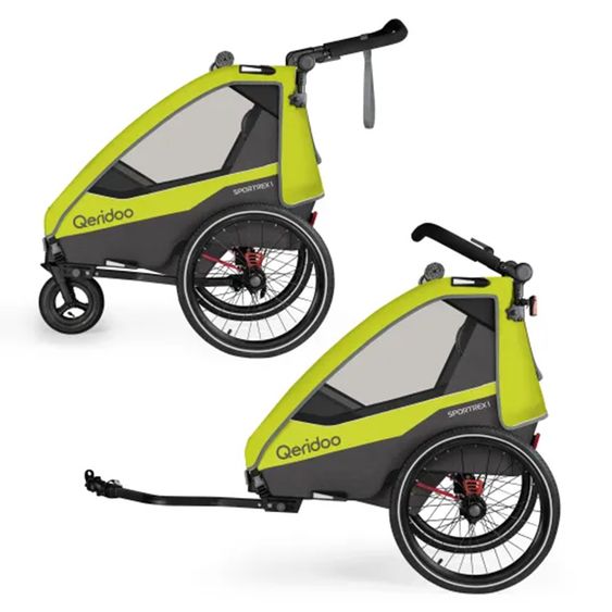 Qeridoo Child bike trailer & buggy Sportrex 1 lt. Edition for 1 child with hitch, shock absorption system &#40;up to 50 kg&#41; - Lime Green