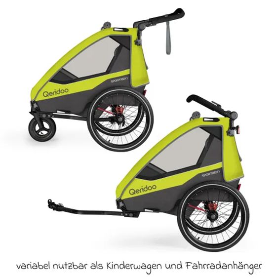 Qeridoo Child bike trailer & buggy Sportrex 1 lt. Edition for 1 child with hitch, shock absorption system &#40;up to 50 kg&#41; - Lime Green