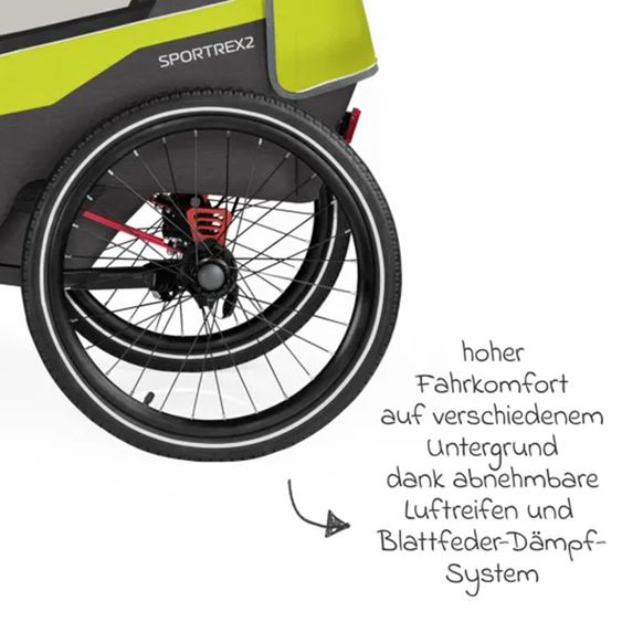 Qeridoo Rimorchio per bici e passeggino Sportrex 1 lt. Edition per 1 bambino con gancio, sistema di assorbimento degli urti (fino a 50 kg) - Verde Lime