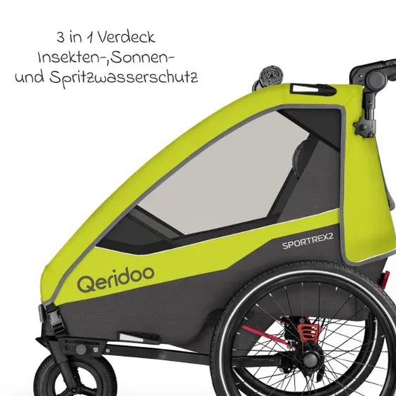 Qeridoo Rimorchio per bici e passeggino Sportrex 1 lt. Edition per 1 bambino con gancio, sistema di assorbimento degli urti (fino a 50 kg) - Verde Lime