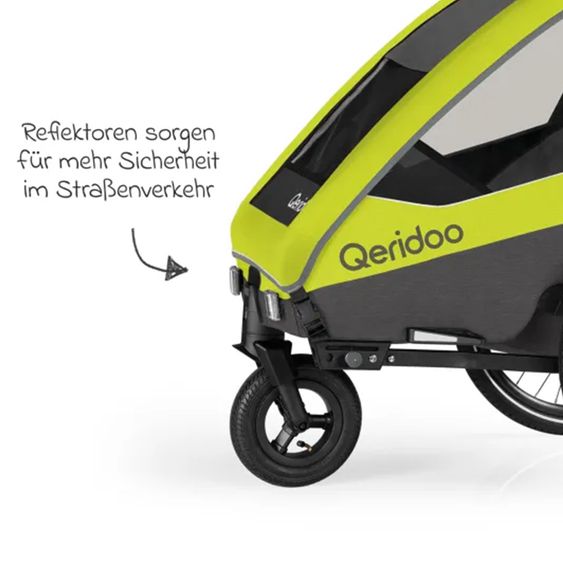 Qeridoo Rimorchio per bici e passeggino Sportrex 1 lt. Edition per 1 bambino con gancio, sistema di assorbimento degli urti (fino a 50 kg) - Verde Lime