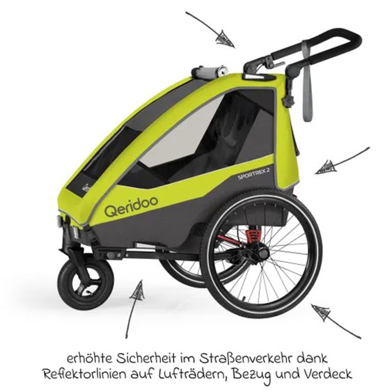 Qeridoo Child bike trailer & buggy Sportrex 1 lt. Edition for 1 child with hitch, shock absorption system &#40;up to 50 kg&#41; - Lime Green