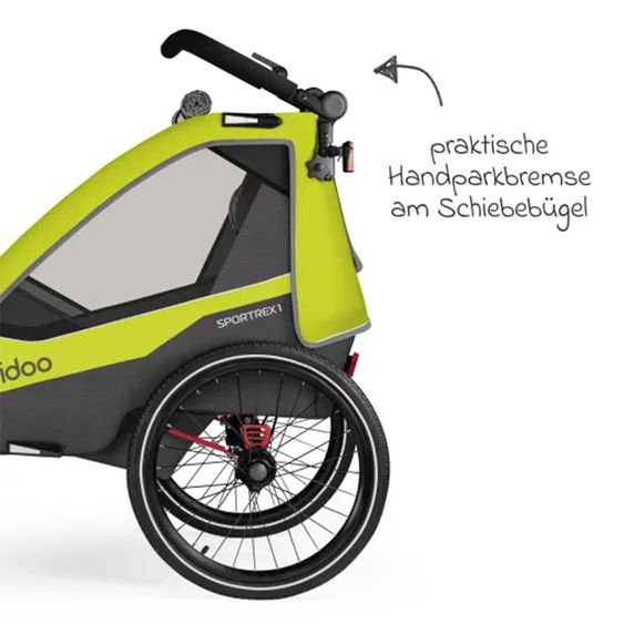 Qeridoo Rimorchio per bici e passeggino Sportrex 1 lt. Edition per 1 bambino con gancio, sistema di assorbimento degli urti (fino a 50 kg) - Verde Lime