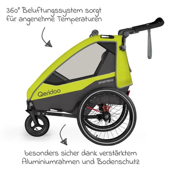 Qeridoo Child bike trailer & buggy Sportrex 1 lt. Edition for 1 child with hitch, shock absorption system &#40;up to 50 kg&#41; - Lime Green