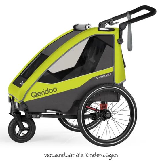 Qeridoo Rimorchio per bici e passeggino Sportrex 1 lt. Edition per 1 bambino con gancio, sistema di assorbimento degli urti (fino a 50 kg) - Verde Lime