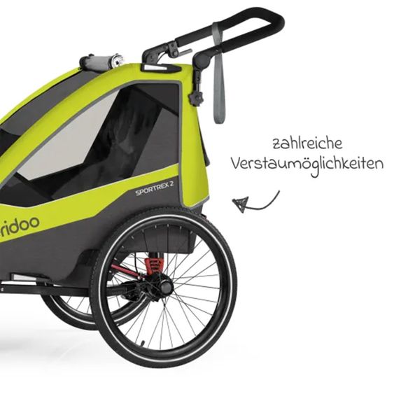 Qeridoo Rimorchio per bici e passeggino Sportrex 1 lt. Edition per 1 bambino con gancio, sistema di assorbimento degli urti (fino a 50 kg) - Verde Lime