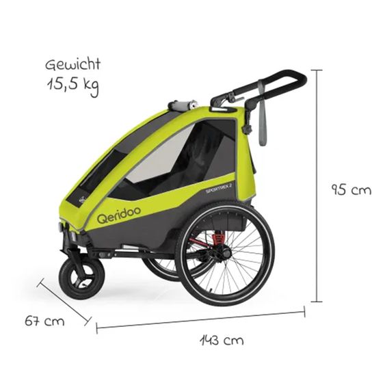 Qeridoo Kinderfahrradanhänger & Buggy Sportrex 1 lt. Edition für 1 Kind mit Kupplung, Dämpfsystem (bis 50 kg) - Lime Green