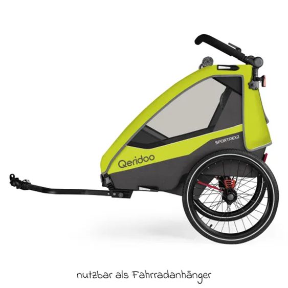 Qeridoo Rimorchio per bici e passeggino Sportrex 1 lt. Edition per 1 bambino con gancio, sistema di assorbimento degli urti (fino a 50 kg) - Verde Lime