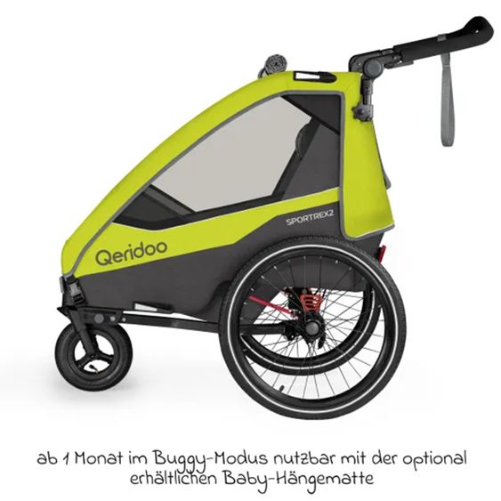 Qeridoo Child bike trailer & buggy Sportrex 1 lt. Edition for 1 child with hitch, shock absorption system &#40;up to 50 kg&#41; - Lime Green