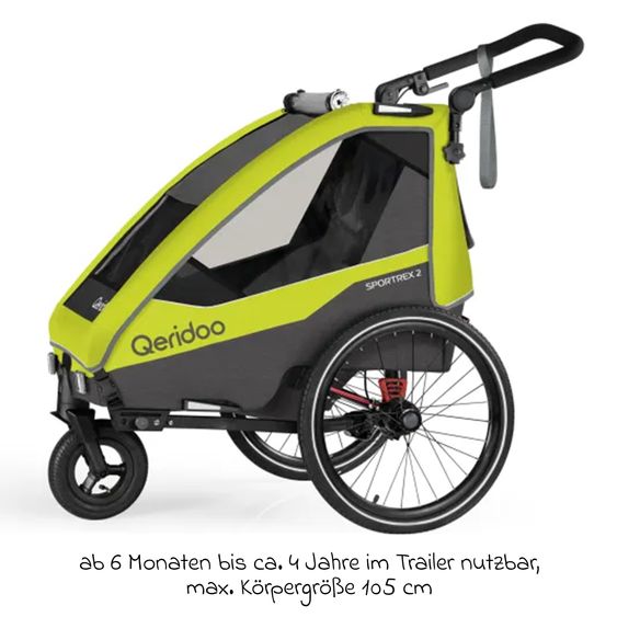 Qeridoo Rimorchio per bici e passeggino Sportrex 1 lt. Edition per 1 bambino con gancio, sistema di assorbimento degli urti (fino a 50 kg) - Verde Lime