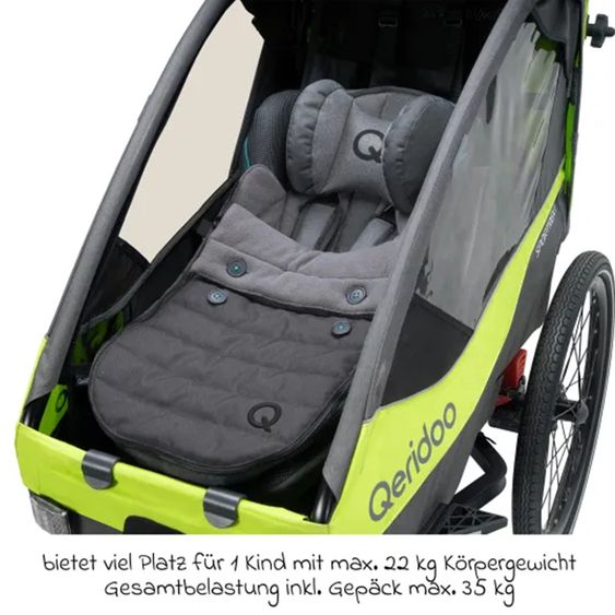 Qeridoo Child bike trailer & buggy Sportrex 1 lt. Edition for 1 child with hitch, shock absorption system &#40;up to 50 kg&#41; - Lime Green