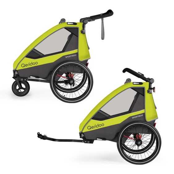 Qeridoo Kinderfahrradanhänger & Buggy Sportrex 2 Lt. Edition für 2 Kinder mit Kupplung, Dämpfsystem (bis 60kg) - Lime Green