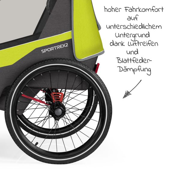 Qeridoo Kinderfahrradanhänger & Buggy Sportrex 2 Lt. Edition für 2 Kinder mit Kupplung, Dämpfsystem (bis 60kg) - Lime Green