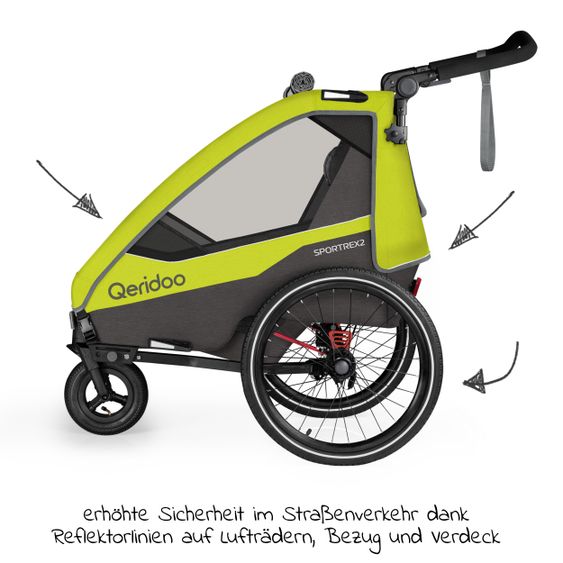 Qeridoo Kinderfahrradanhänger & Buggy Sportrex 2 Lt. Edition für 2 Kinder mit Kupplung, Dämpfsystem (bis 60kg) - Lime Green