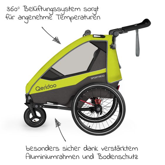 Qeridoo Kinderfahrradanhänger & Buggy Sportrex 2 Lt. Edition für 2 Kinder mit Kupplung, Dämpfsystem (bis 60kg) - Lime Green