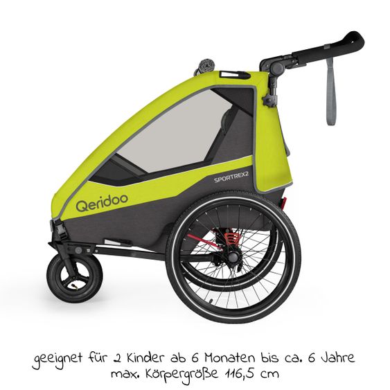 Qeridoo Kinderfahrradanhänger & Buggy Sportrex 2 Lt. Edition für 2 Kinder mit Kupplung, Dämpfsystem (bis 60kg) - Lime Green