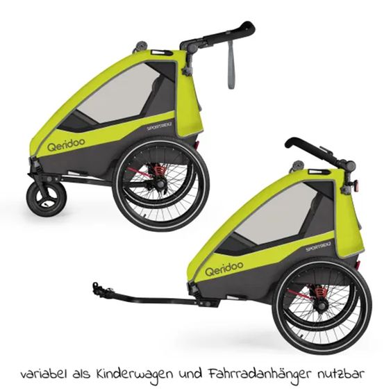 Qeridoo Kinderfahrradanhänger & Buggy Sportrex 2 Lt. Edition für 2 Kinder mit Kupplung, Dämpfsystem (bis 60kg) - Lime Green