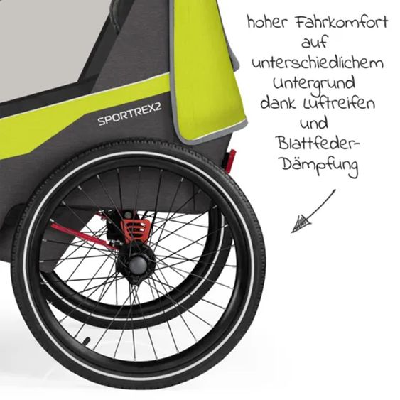 Qeridoo Kinderfahrradanhänger & Buggy Sportrex 2 Lt. Edition für 2 Kinder mit Kupplung, Dämpfsystem (bis 60kg) - Lime Green