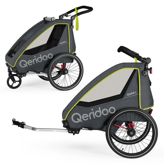 Qeridoo Kinderfahrradanhänger & Buggy QUPA 1 für 1 Kind mit Kupplung, Blattfeder-Dämpfsystem (bis 50 kg) - Lime