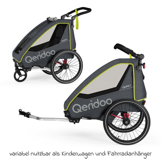 Qeridoo QUPA 1 für 1 Kind mit Kupplung, Blattfeder-Dämpfsystem (bis 50 kg) - Lime