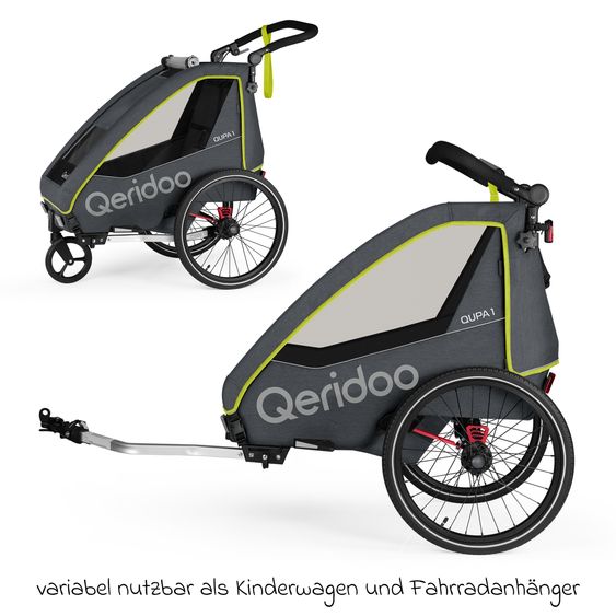 Qeridoo Kinderfahrradanhänger & Buggy QUPA 1 für 1 Kind mit Kupplung, Blattfeder-Dämpfsystem (bis 50 kg) - Lime