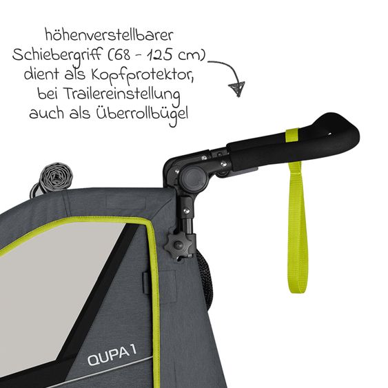 Qeridoo Kinderfahrradanhänger & Buggy QUPA 1 für 1 Kind mit Kupplung, Blattfeder-Dämpfsystem (bis 50 kg) - Lime