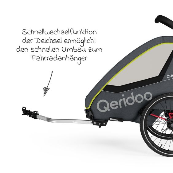 Qeridoo Kinderfahrradanhänger & Buggy QUPA 1 für 1 Kind mit Kupplung, Blattfeder-Dämpfsystem (bis 50 kg) - Lime