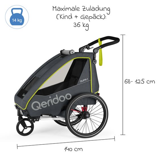 Qeridoo Kinderfahrradanhänger & Buggy QUPA 1 für 1 Kind mit Kupplung, Blattfeder-Dämpfsystem (bis 50 kg) - Lime