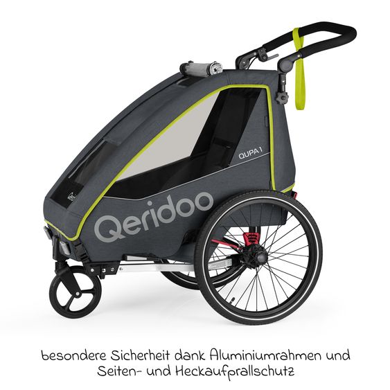 Qeridoo Kinderfahrradanhänger & Buggy QUPA 1 für 1 Kind mit Kupplung, Blattfeder-Dämpfsystem (bis 50 kg) - Lime