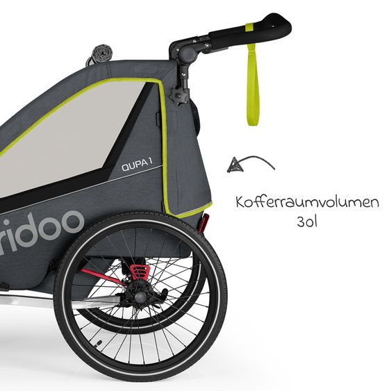 Qeridoo Kinderfahrradanhänger & Buggy QUPA 1 für 1 Kind mit Kupplung, Blattfeder-Dämpfsystem (bis 50 kg) - Lime