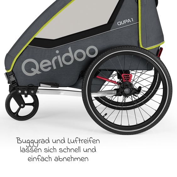 Qeridoo Kinderfahrradanhänger & Buggy QUPA 1 für 1 Kind mit Kupplung, Blattfeder-Dämpfsystem (bis 50 kg) - Lime