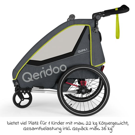 Qeridoo Kinderfahrradanhänger & Buggy QUPA 1 für 1 Kind mit Kupplung, Blattfeder-Dämpfsystem (bis 50 kg) - Lime