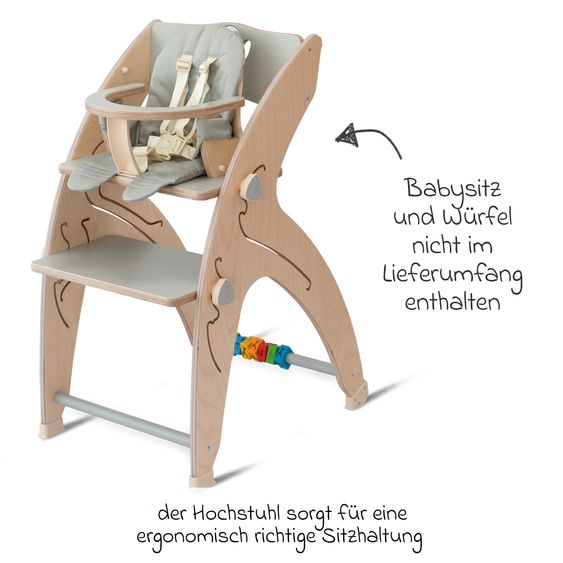 QuarttoLino Multifunktionaler Hochstuhl aus Holz - Hochstuhl, Schaukel, Treppe, Lerntower & Babywippe in einem bis 150 kg nutzbar - Grau