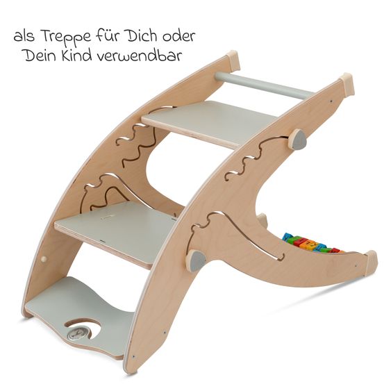 QuarttoLino Multifunktionaler Hochstuhl aus Holz - Hochstuhl, Schaukel, Treppe, Lerntower & Babywippe in einem bis 150 kg nutzbar - Grau