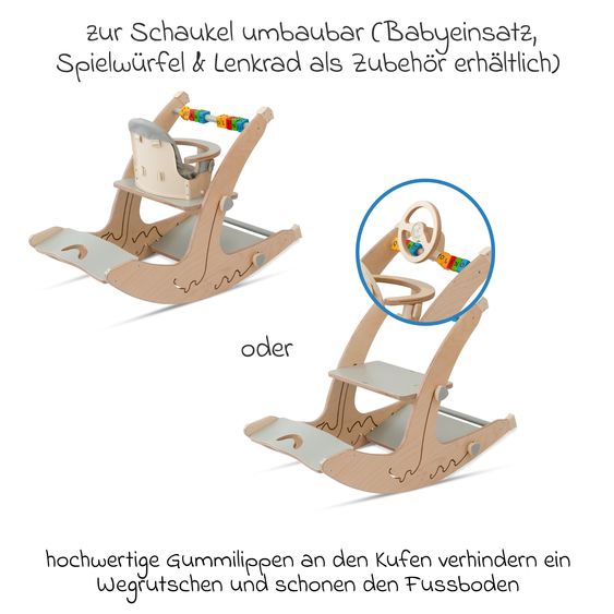 QuarttoLino Multifunctional wooden high chair - high chair, swing, staircase, learning tower & baby bouncer in one, usable up to 150 kg - gray