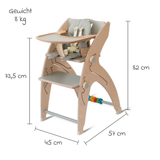 QuarttoLino Seggiolone multifunzionale in legno - seggiolone, altalena, scala, torre di apprendimento e sdraietta in un unico prodotto, utilizzabile fino a 150 kg - grigio