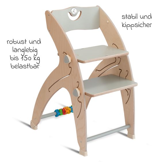 QuarttoLino Multifunktionaler Hochstuhl aus Holz - Hochstuhl, Schaukel, Treppe, Lerntower & Babywippe in einem bis 150 kg nutzbar - Grau