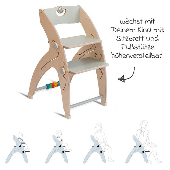 QuarttoLino Multifunktionaler Hochstuhl aus Holz - Hochstuhl, Schaukel, Treppe, Lerntower & Babywippe in einem bis 150 kg nutzbar - Grau