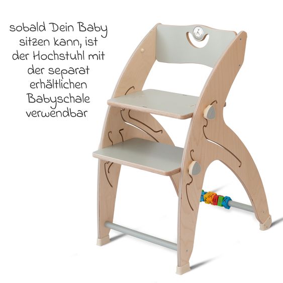 QuarttoLino Multifunktionaler Hochstuhl aus Holz - Hochstuhl, Schaukel, Treppe, Lerntower & Babywippe in einem bis 150 kg nutzbar - Grau